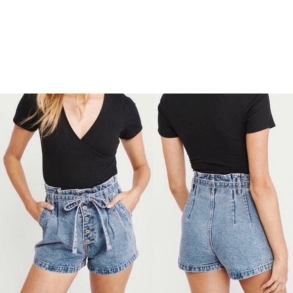 Abercrombie & Fitch Sz 26/2 Denim Paper Bag Waist Shorts Natural Rise High Rise - Picture 1 of 11